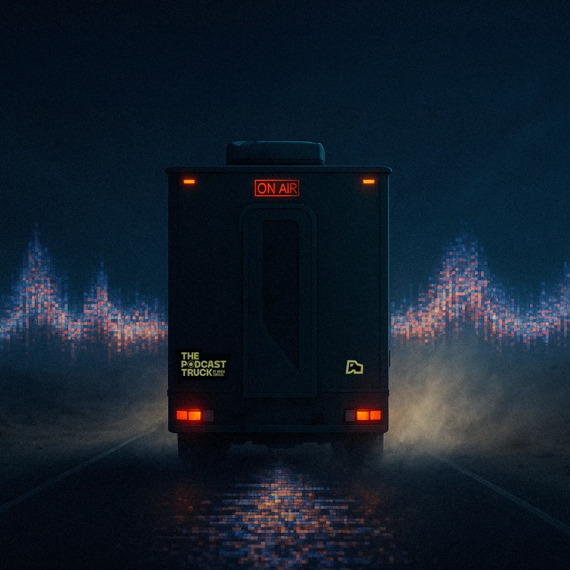 Dark podcast production truck at night with illuminated red 'ON AIR' sign and sound wave graphics in the background.