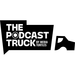 The Podcast Truck by Media Turtles logo with a play button icon on a black background.