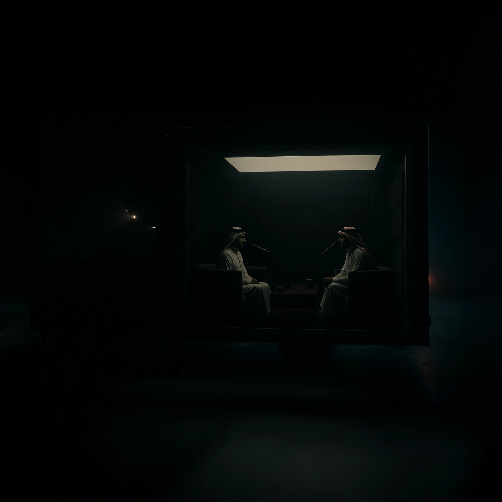 Two men in traditional Middle Eastern attire sit facing each other in a dark, enclosed space illuminated by a rectangular ceiling light, each speaking into a microphone.