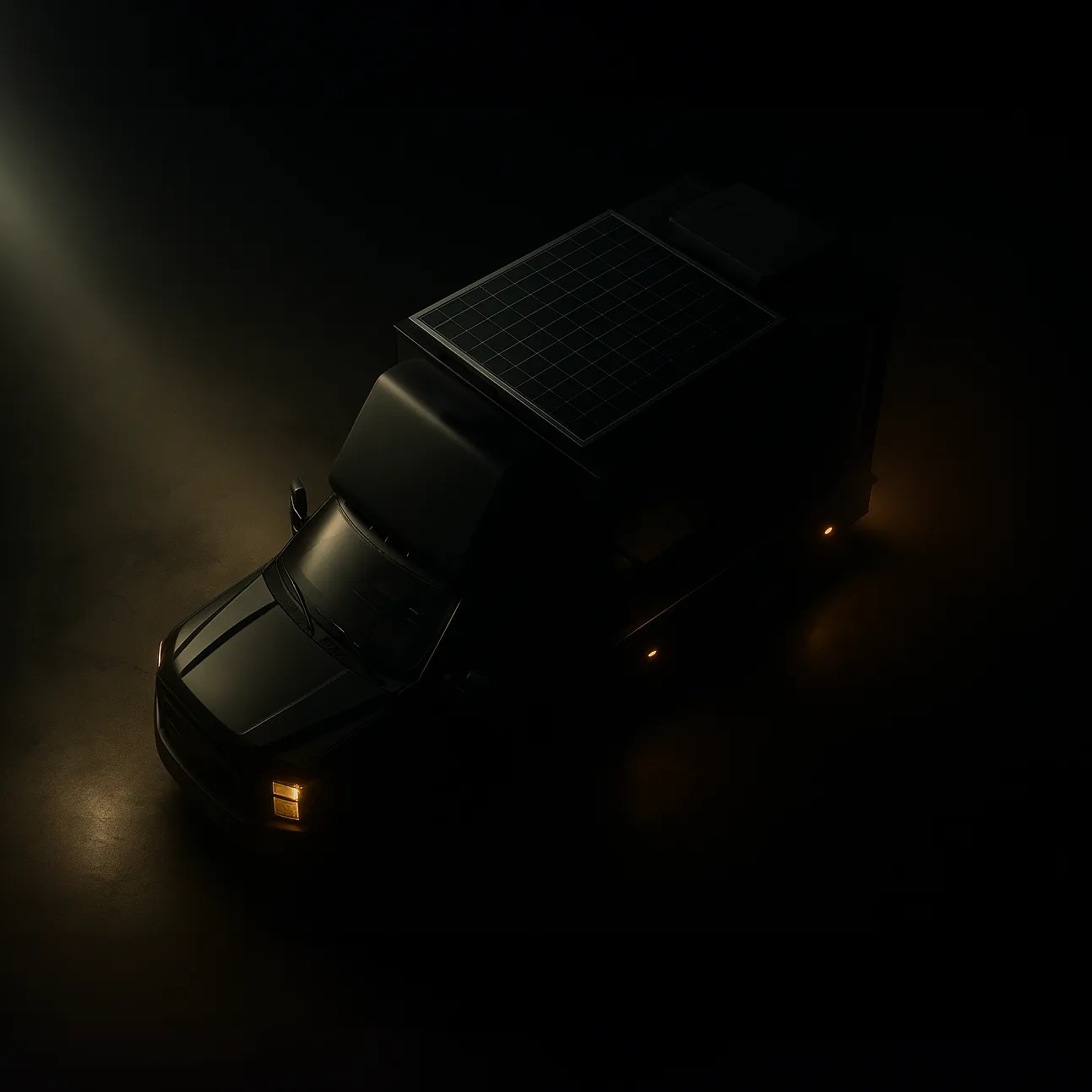 Dark electric vehicle with illuminated headlights and solar panel on roof, shown in low light.