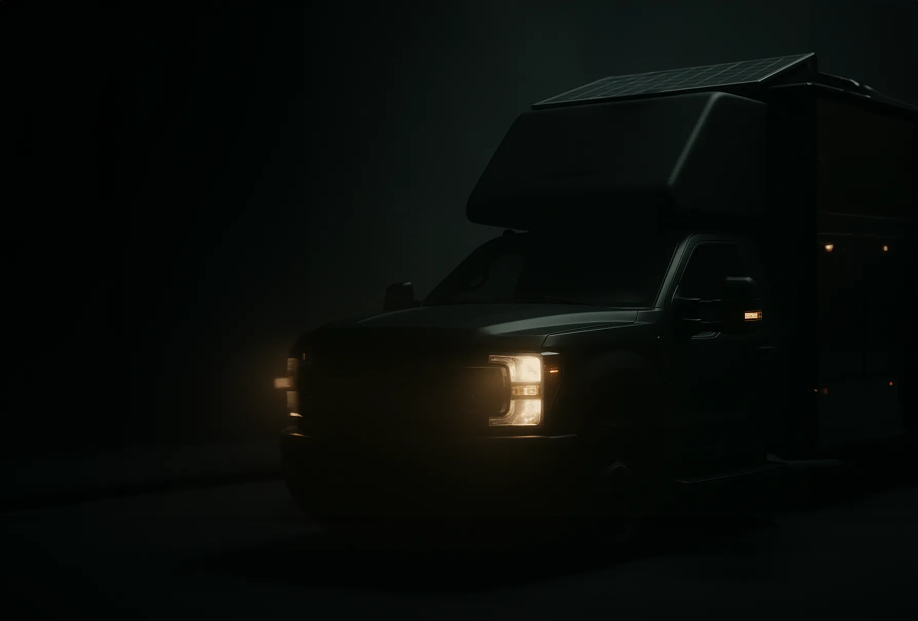 Dark front view of a large truck with headlights and side indicators illuminated, featuring a solar panel on the roof.