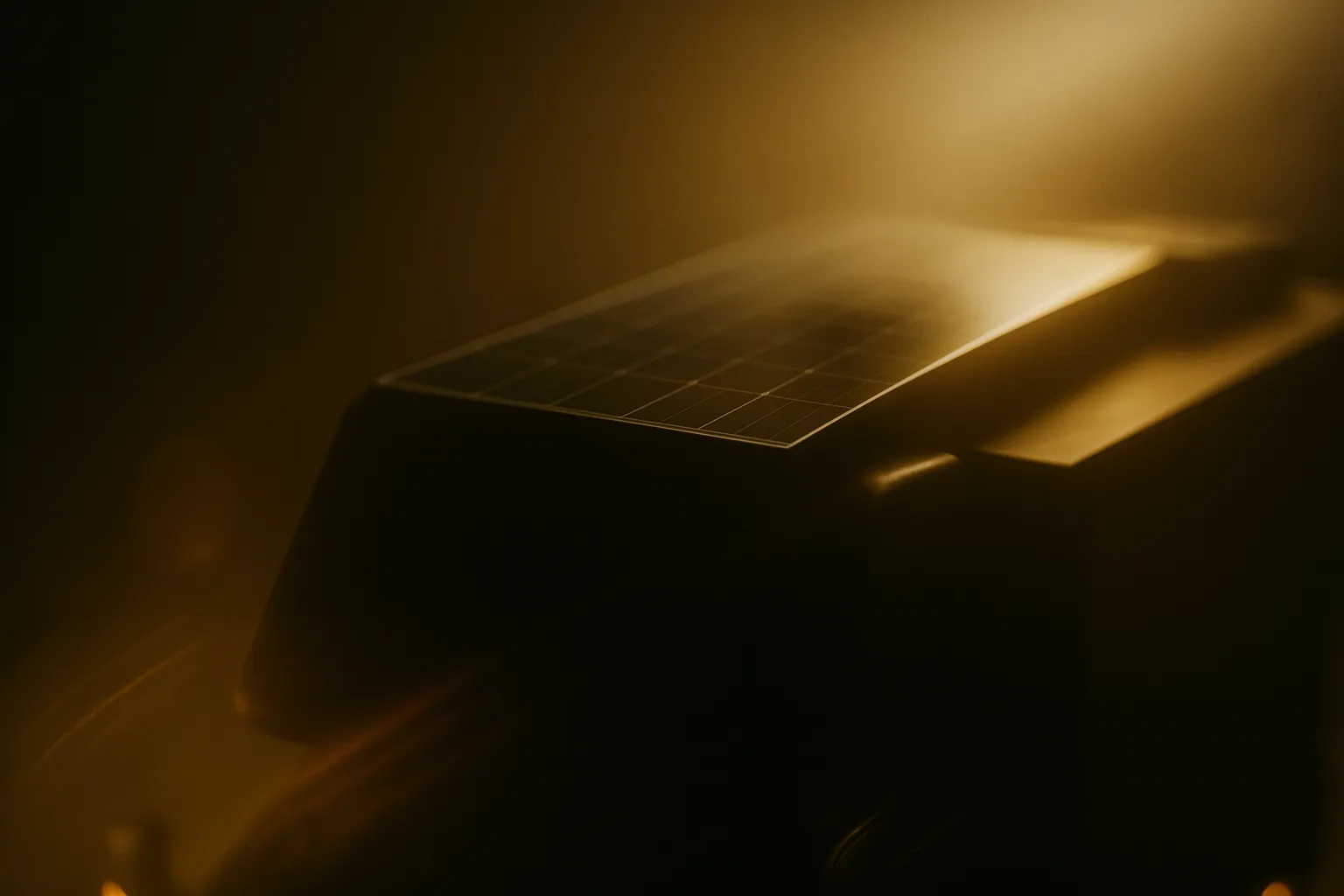 Close-up of a solar panel illuminated by warm, golden light with a dark background.