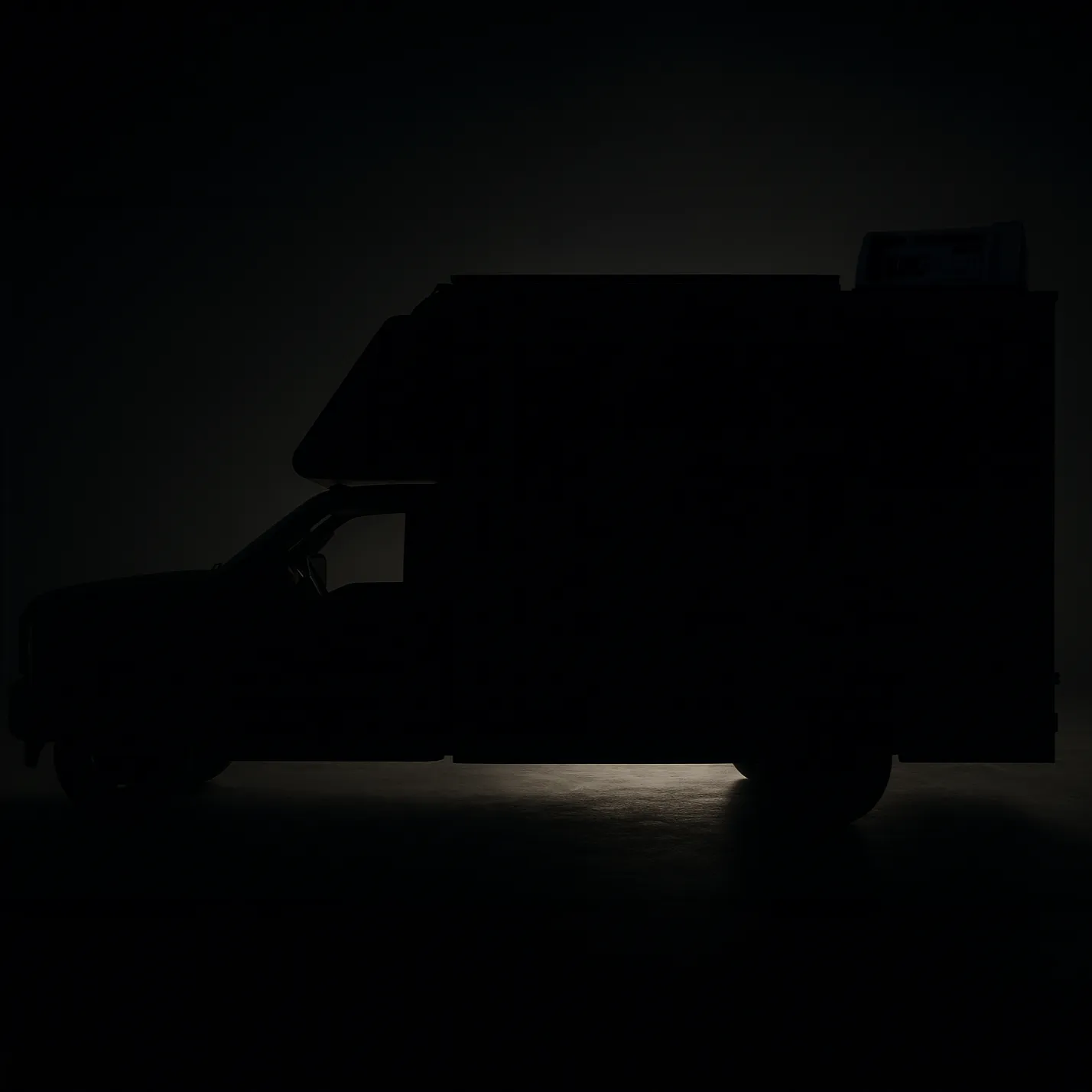 Silhouette of a large delivery or utility truck against a dark background with ground light highlighting its lower edge.