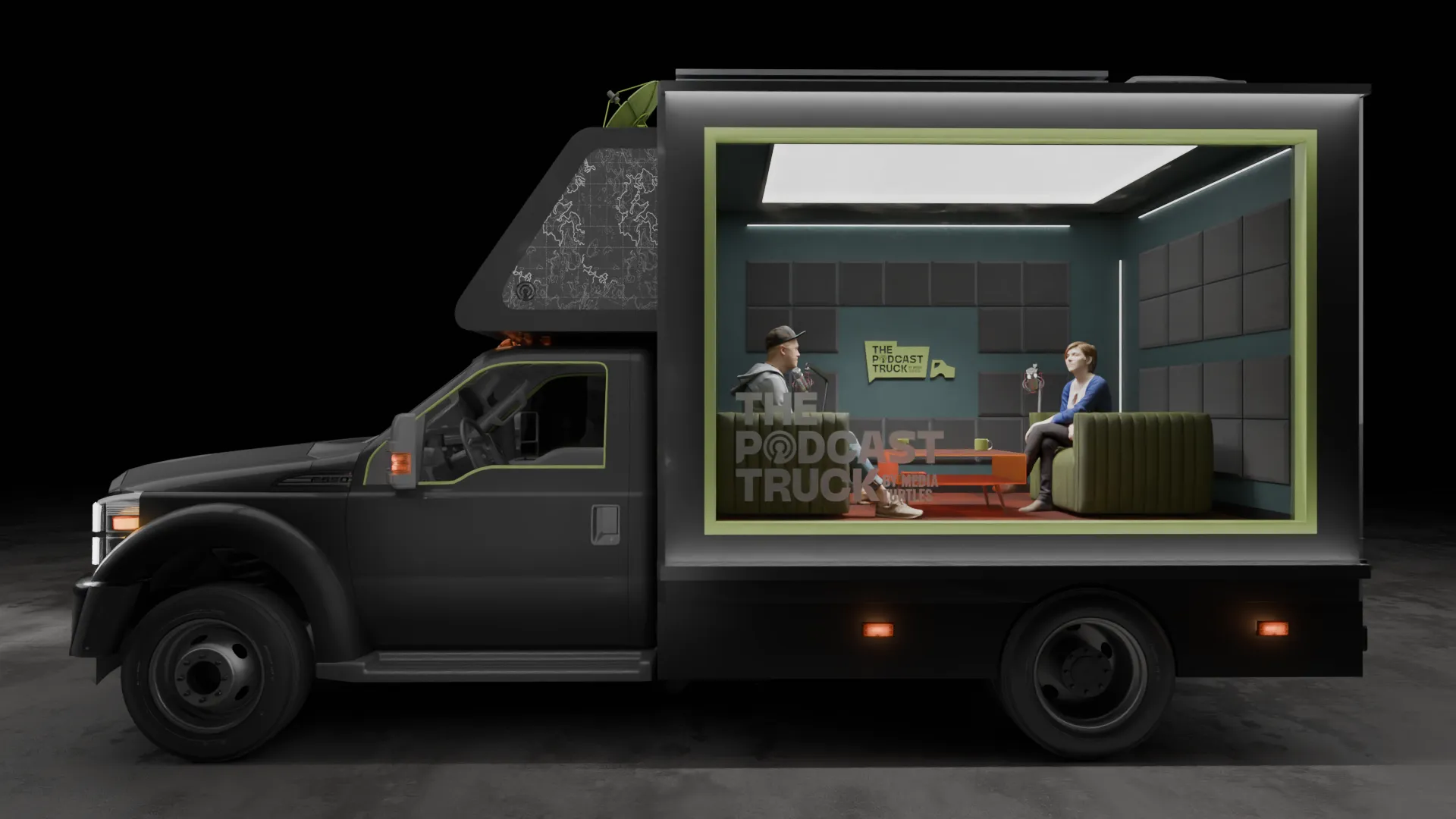Black podcast truck with a soundproofed interior where a man and woman sit facing each other for an interview.